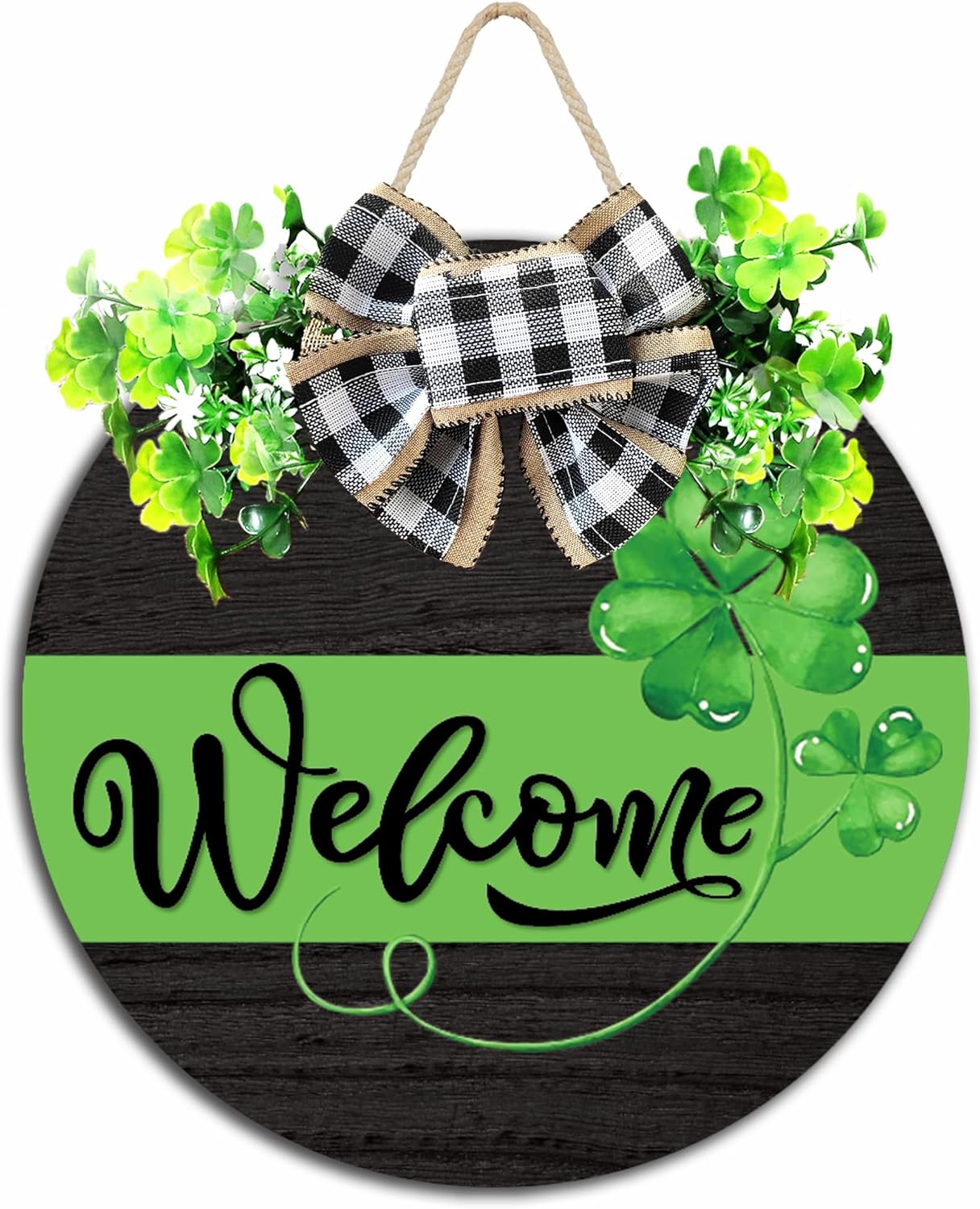 St Patrick Day Door Decor St Patrick Day Welcome Sign Shamrock Decoration Wreath with Buffalo Plaid Bow for St Patrick Day Door Decorations