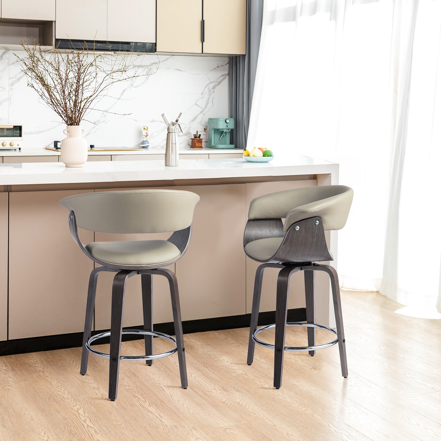 Set of 2/4 Mid-century Modern Leatherette Swivel Bar Stools/Counter Stools with Walnut Bentwood Frame