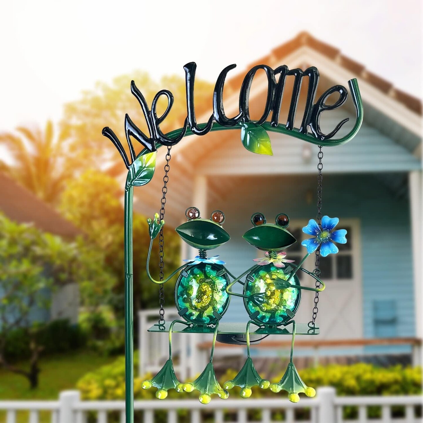 Outdoor Garden Solar Lights,Frog Swing Garden Decor,Frog Decorative Stake with Welcome Sign for Landscape Patio Yard (48 inch)