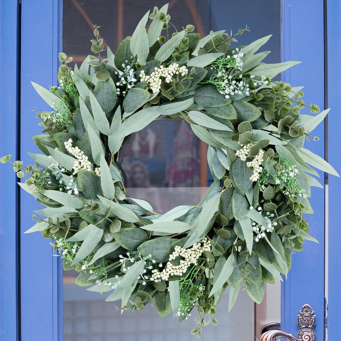 26&#x22; Eucalyptus Wreath Large Artificial Greenery Outdoor/Indoor Wreath Spring/Summer Wreath Green Wreaths for Front Door Porch Window Wall Hanging Decor All Year Round Wreath&#xFF08;Green&#xFF09;