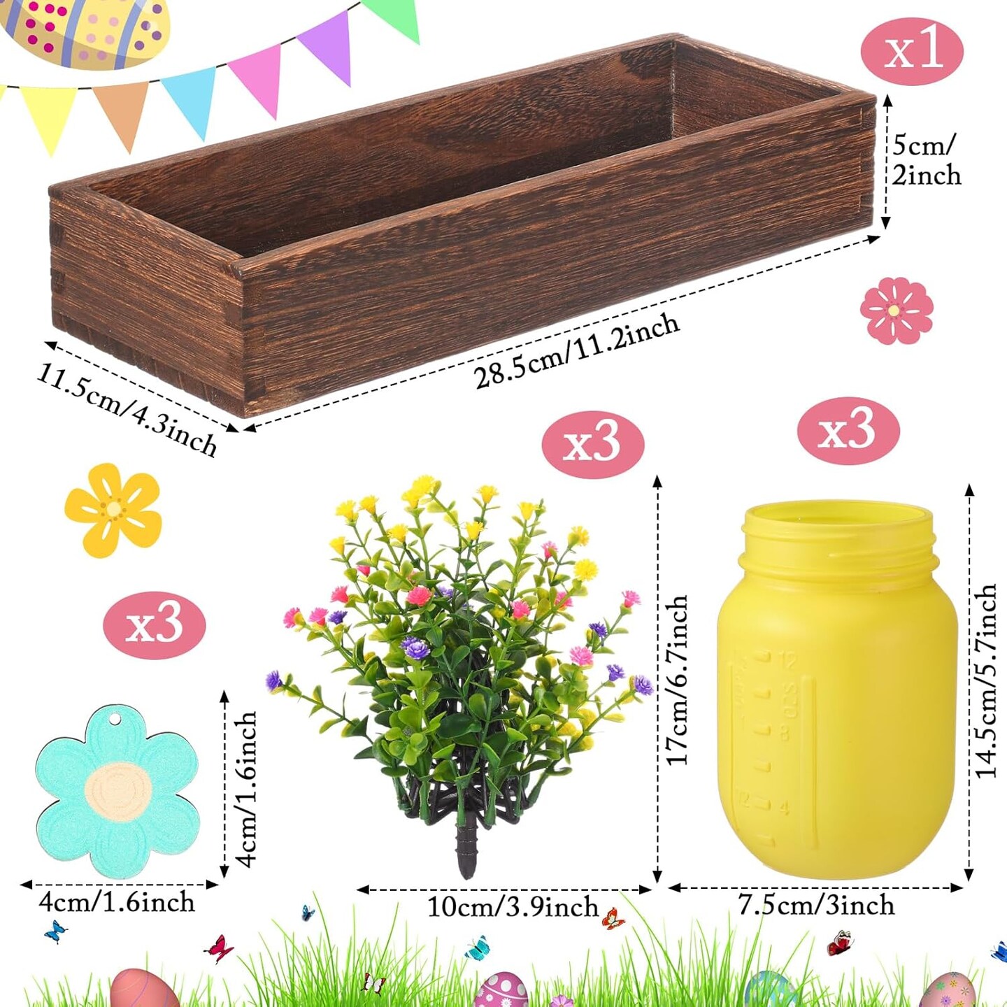 Spring Table Decoration Set Rustic Wood Tray with Artificial Colorful Flower Greenery Fake Plants Mason Jar Wooden Tag for Easter Spring Dining Table Centerpiece Supplies 11"L x 4.5"W x 2"H