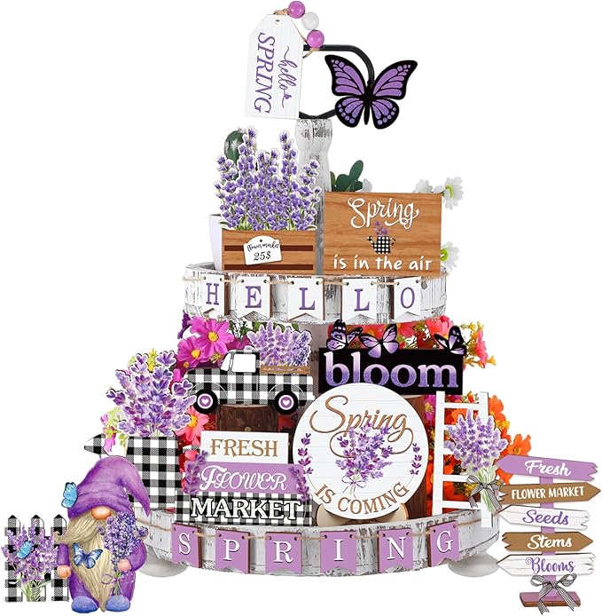 23-piece “Hello Spring” tiered tray décor set featuring purple butterflies, lavender flowers, and gnome-themed wooden signs—perfect for farmhouse kitchen tables, rustic home décor, and spring holiday displays.
