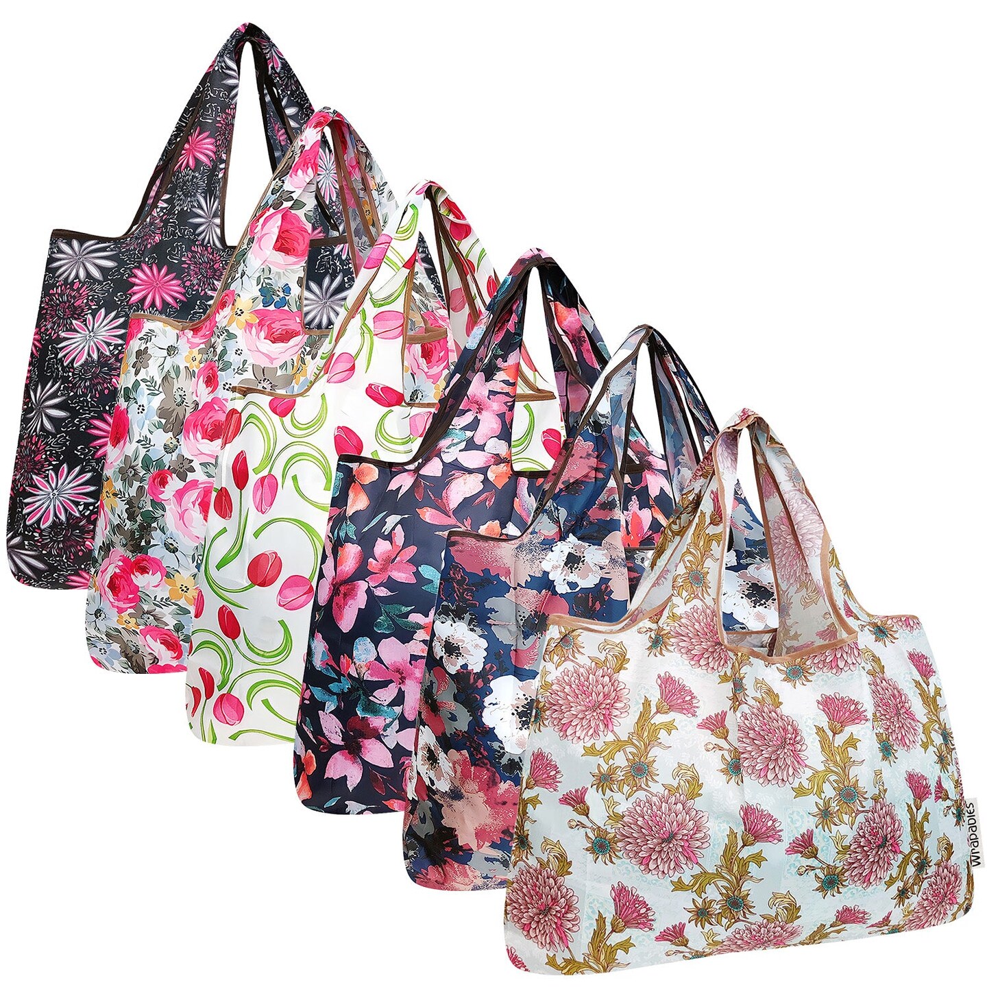 Wrapables Large Foldable Tote Nylon Reusable Grocery Bags, 6 Pack, Pink Florets