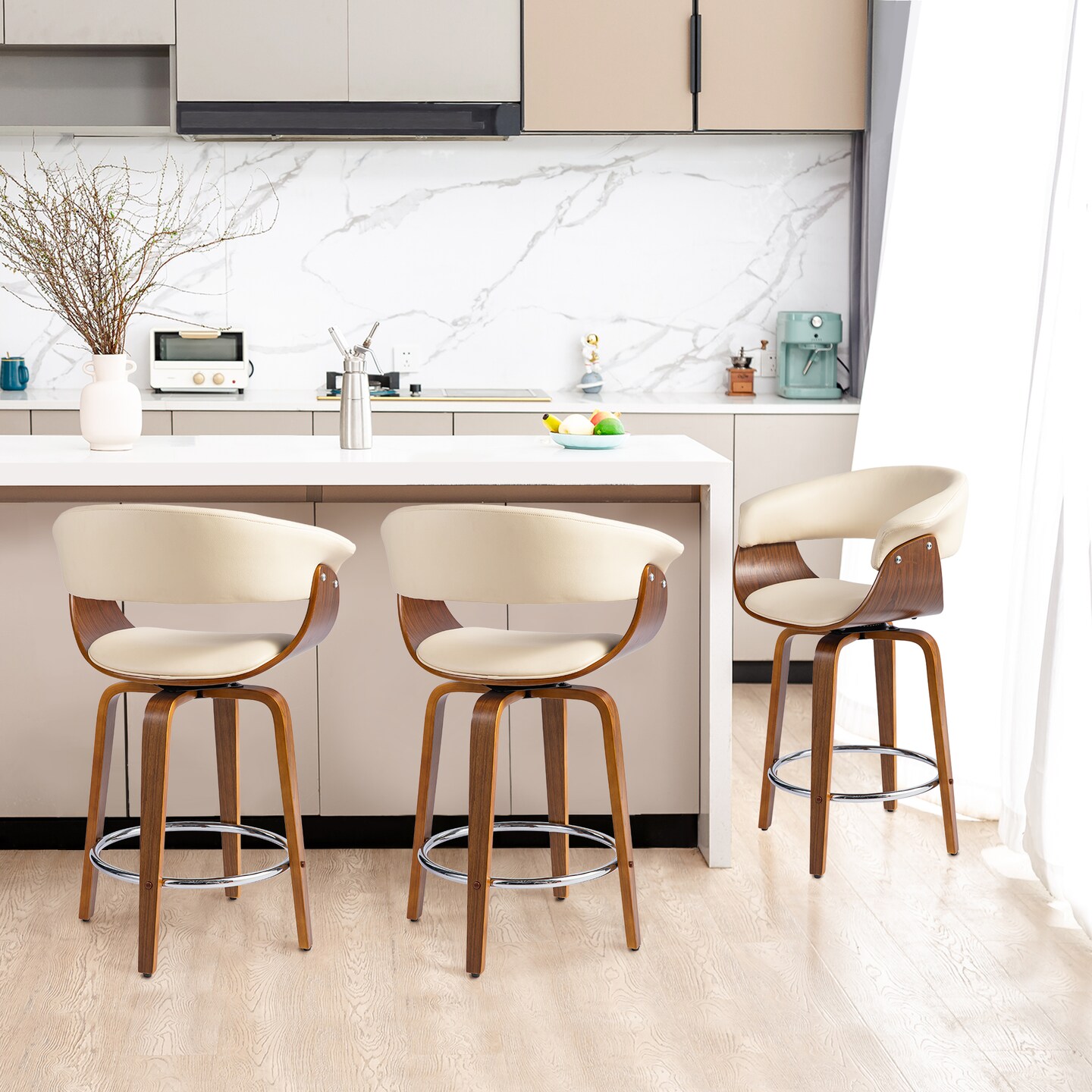 Set of 2/4 Mid-century Modern Leatherette Swivel Bar Stools/Counter Stools with Walnut Bentwood Frame