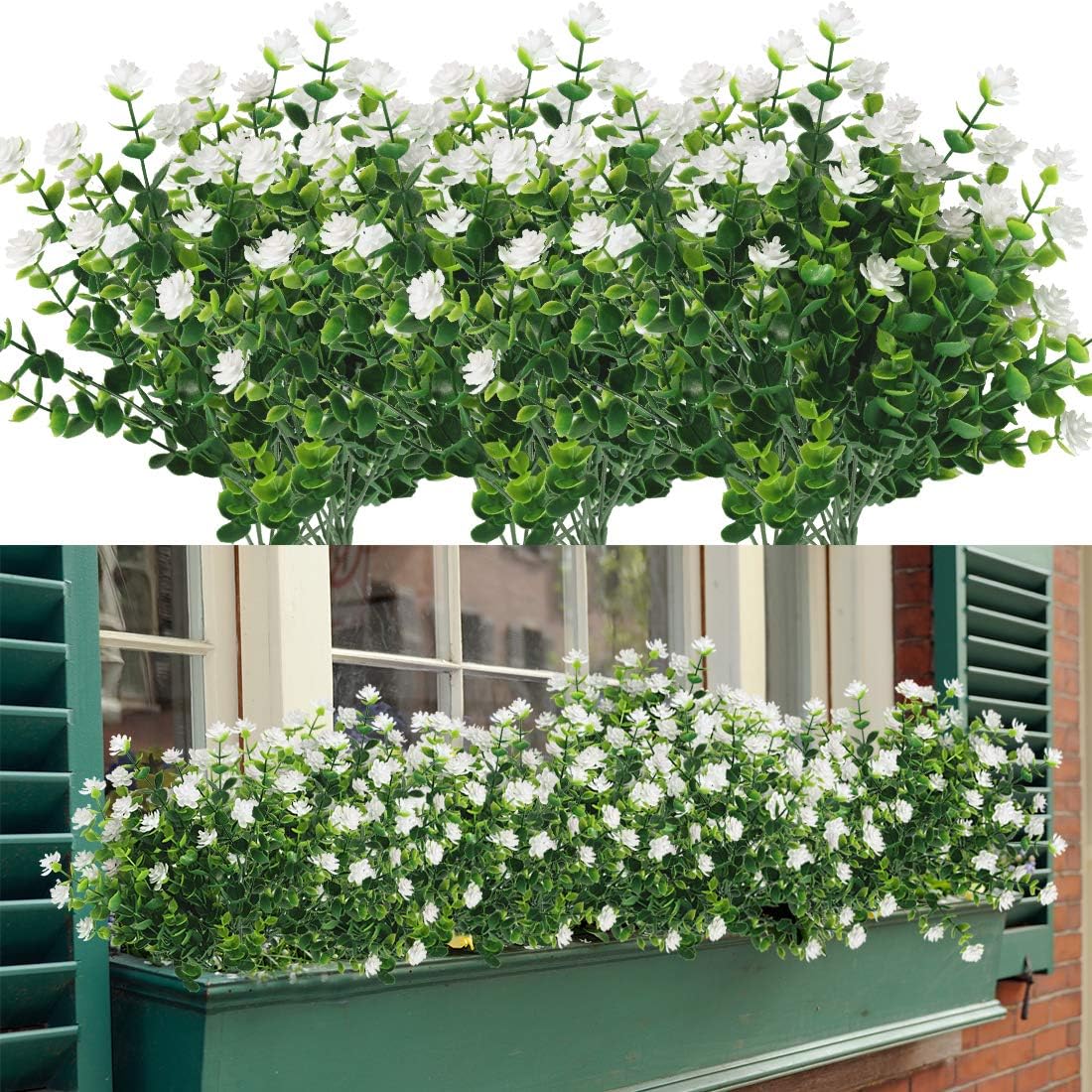 6 Bundles Artificial Flowers, Fake Artificial Greenery UV Resistant No Fade Faux Plastic Plants for Wedding Bridle Bouquet Indoor Outdoor Home Garden Kitchen Office Table Vase (White)