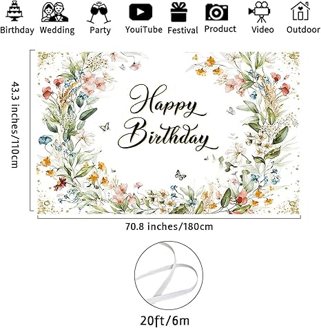 Floral Birthday Backdrop for Girls Spring Butterfly Happy Birthday Photography Background Greenery Wildflower Birthday Banner 70.8 x 43.3 Inch