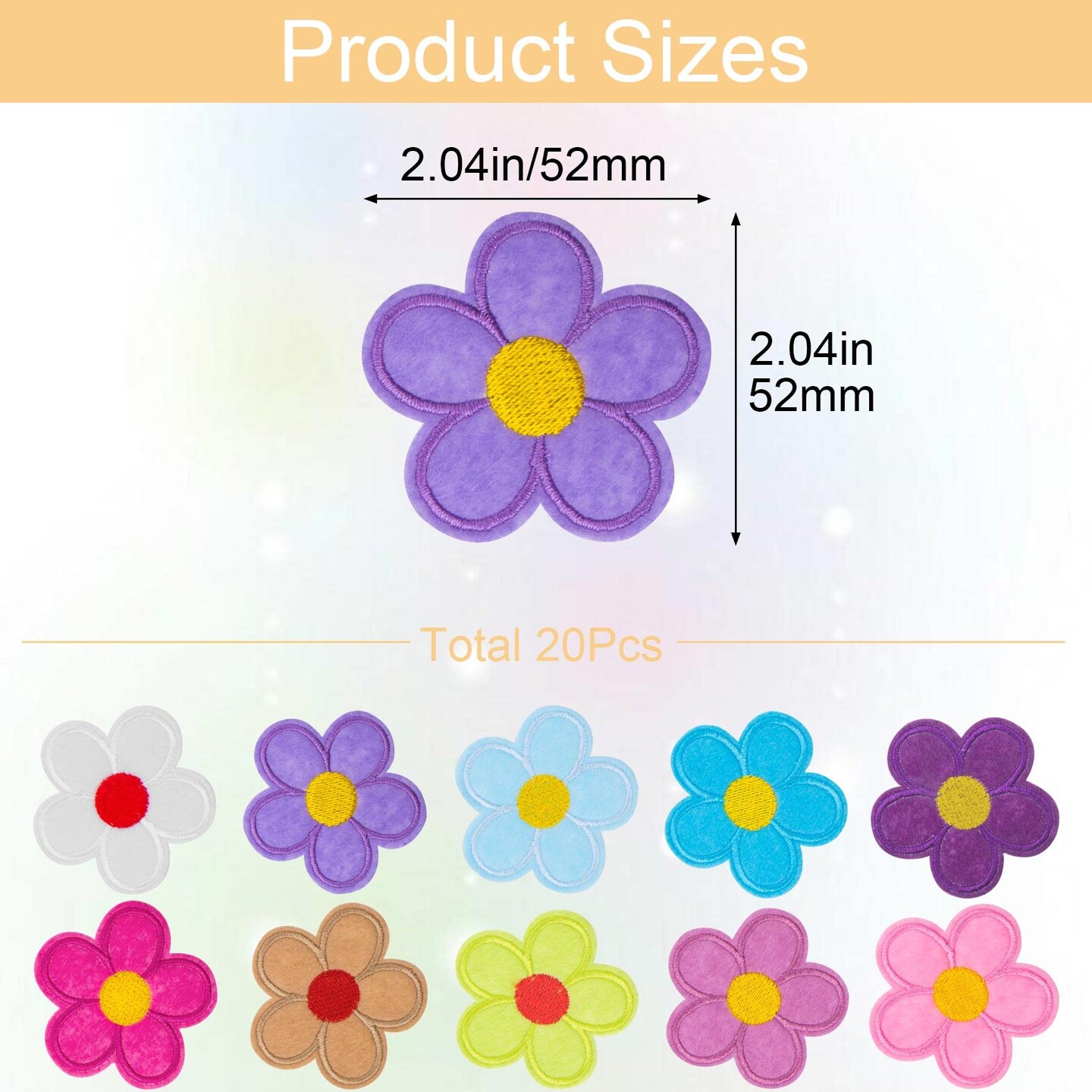 20 PCS Flower Iron on Patches, PAGOW 5 Petals Flower Applique Patch, Sew On Embroidered Applique Sewing Patches for Bags, Jackets, Jeans, Clothes DIY Patches, 2.04inchx2.04inch (W*H) 20 Colors