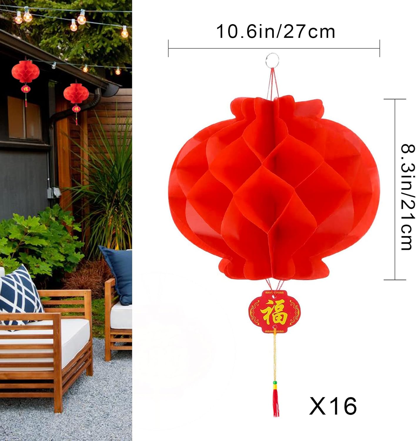 16 Pieces Lunar Chinese Round Hanging Red Paper Lanterns Decorations for 2025 New Year Spring Festival Party Decor - Wedding and Restaurant