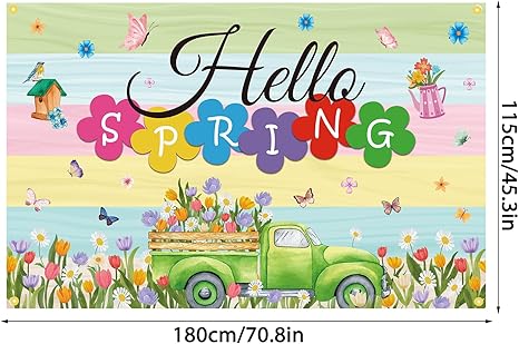 Hello Spring Backdrop Banner 71 x 45 Inch Large Colorful Spring Truck Tulips Flowers Background Banner Spring Easter Holiday Party Decorations Spring Break Indoor Outdoor Photo Booth Props