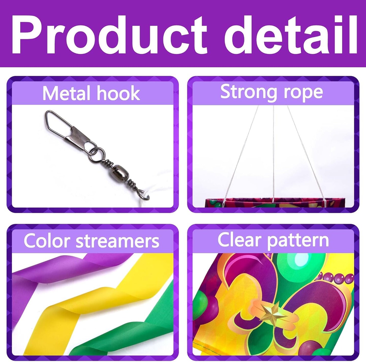 4 Pcs Mardi Gras Wind Sock,41.3 Inch Mardi Gras Spinners Windsock,Purple Yellow Green Decor Windsock for Home Yard Party Mardi Gras Outdoor Decoration