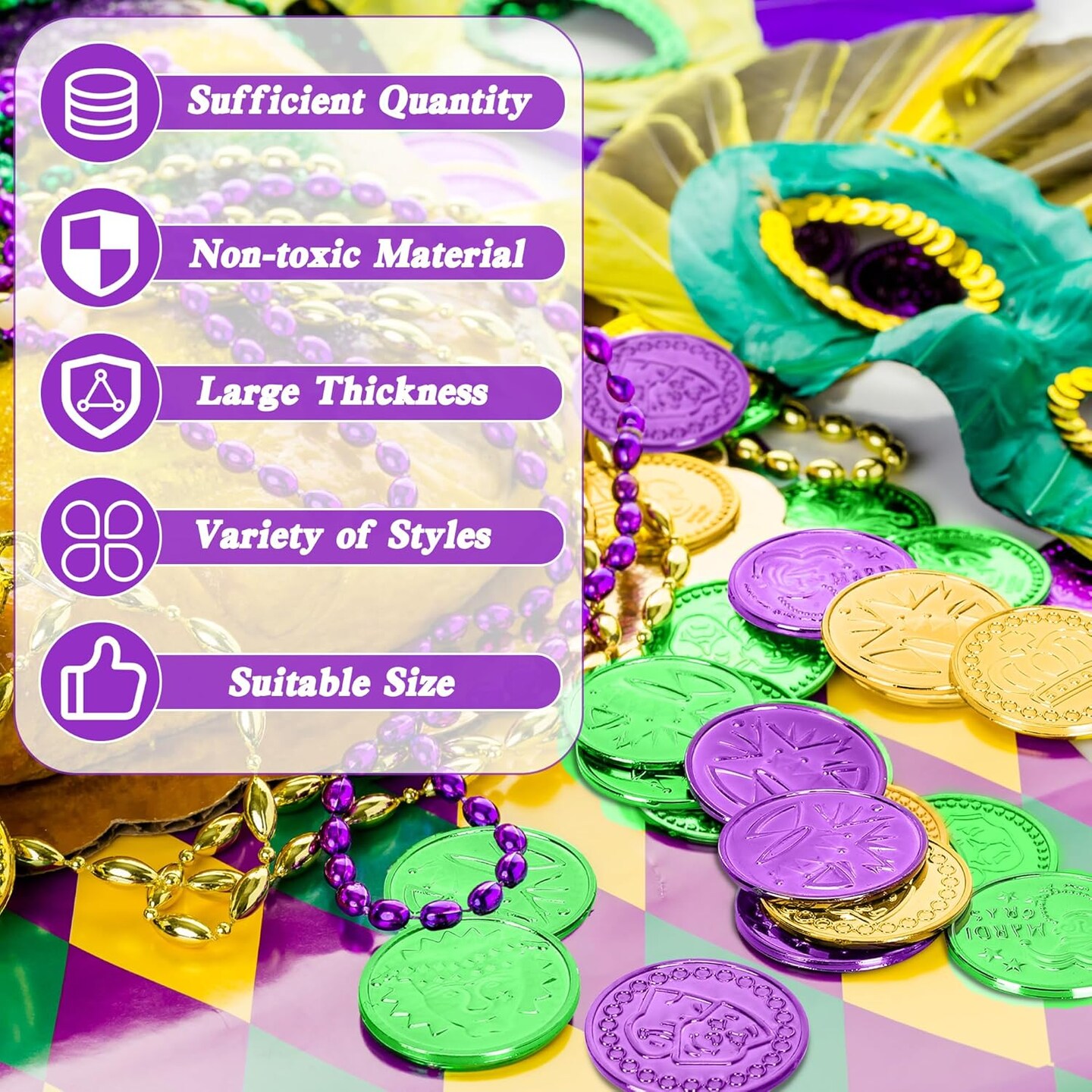 200 PCS Mardi Gras Decorations, 1.4 in Purple Gold Green Fake Coins, Crown Masks Pattern Mardi Gras Gold Coins Plastic Coins Leprechaun Gold Coins, Mardi Gras Table Decorations Costume Accessories
