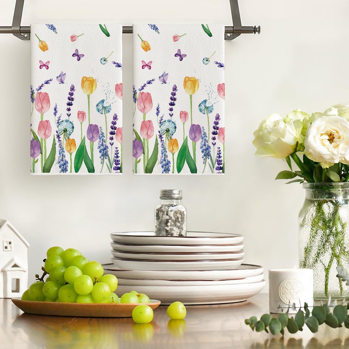2-Pack Lavender Tulip Spring Kitchen Towels – 18x26" Seasonal Dish & Hand Towels for Summer