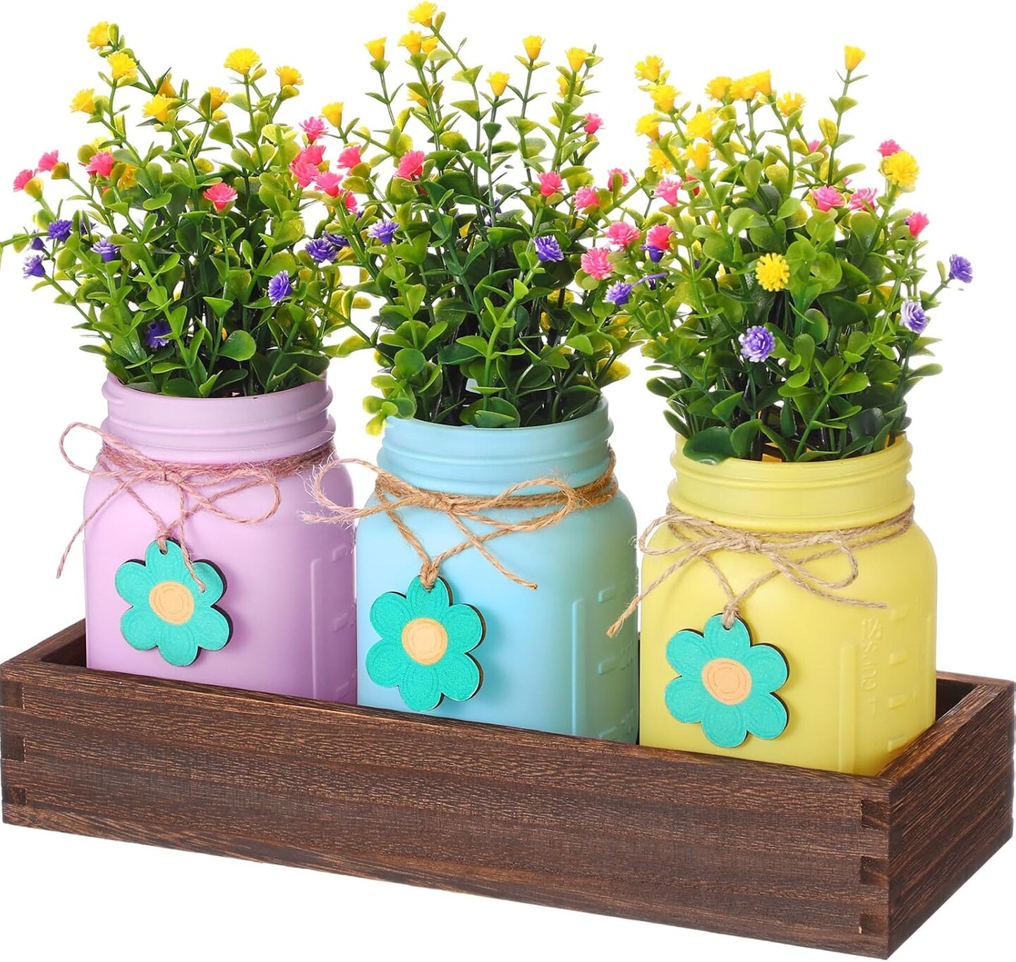 Spring Table Decoration Set Rustic Wood Tray with Artificial Colorful Flower Greenery Fake Plants Mason Jar Wooden Tag for Easter Spring Dining Table Centerpiece Supplies 11"L x 4.5"W x 2"H