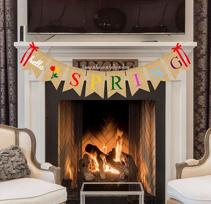 Hello Spring Burlap Banner Jute Spring Bunting Banner Garland Flower Spring Decorations for Indoor Outdoor Party Mantel Fireplace Wall Decor