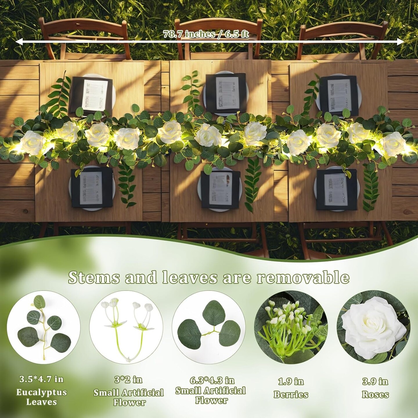 6.6FT Eucalyptus Garland with Lights Spring Baby Breath Flower Garland with 12 White Roses Artificial Floral Greenery Vine for Table Arch Backdrop Wedding Valentines Day Decorations