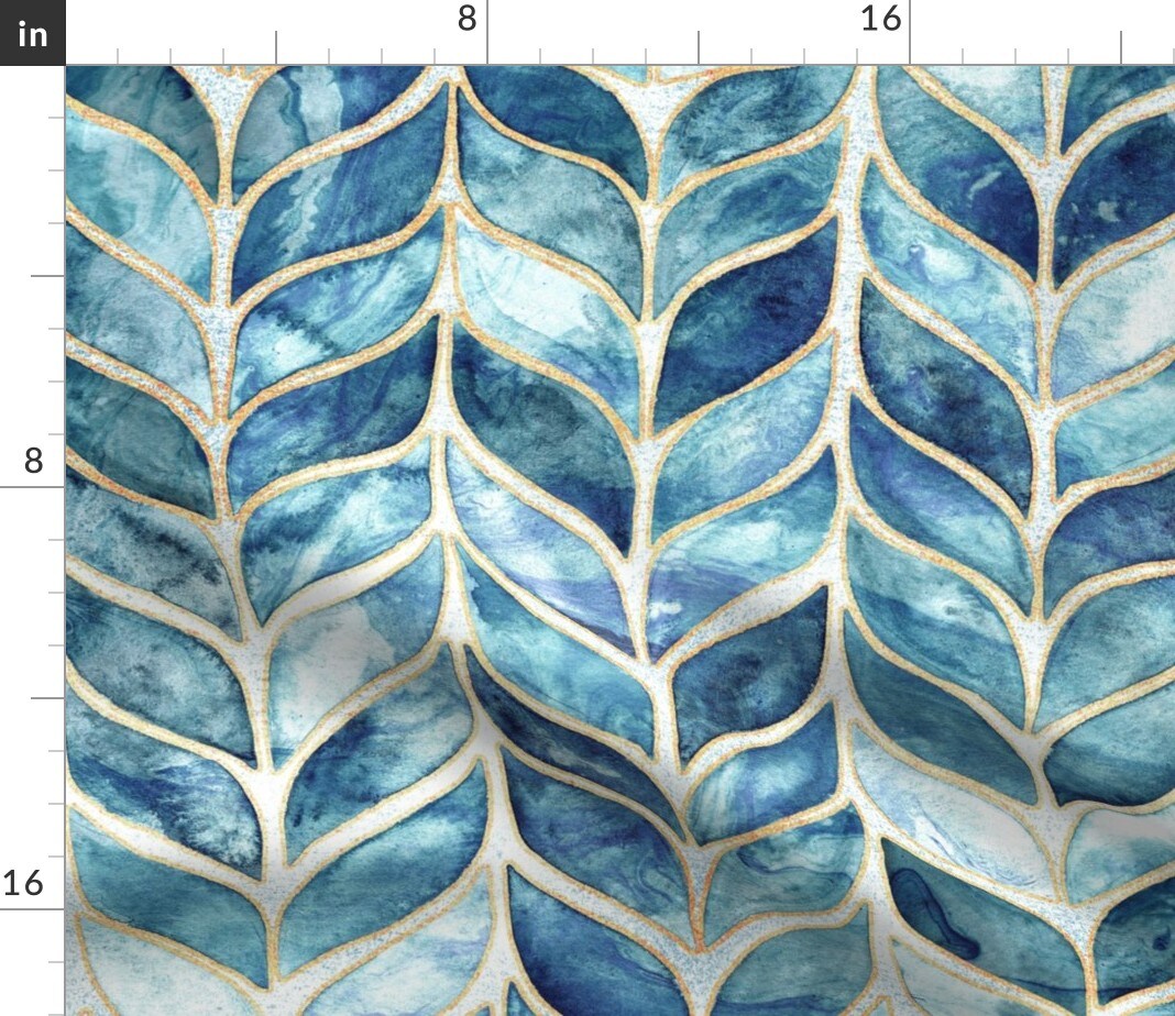 Watercolor Mosaic Faux Gold Moroccan Tiles Whale Tail Blue Calm Serene Ocean Coastal Custom Printed Fabric by Spoonflower Various Fabrics by the Yard or Fat Quarter