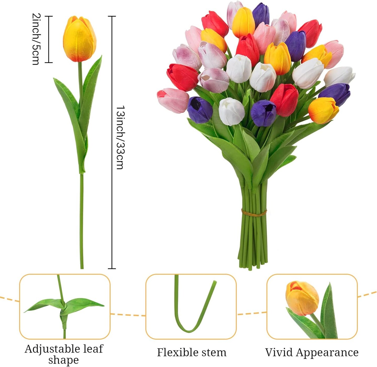 30-Piece Multicolor Artificial Tulips – Real Touch PU Stems for Spring, Summer, Wedding & Home Decor