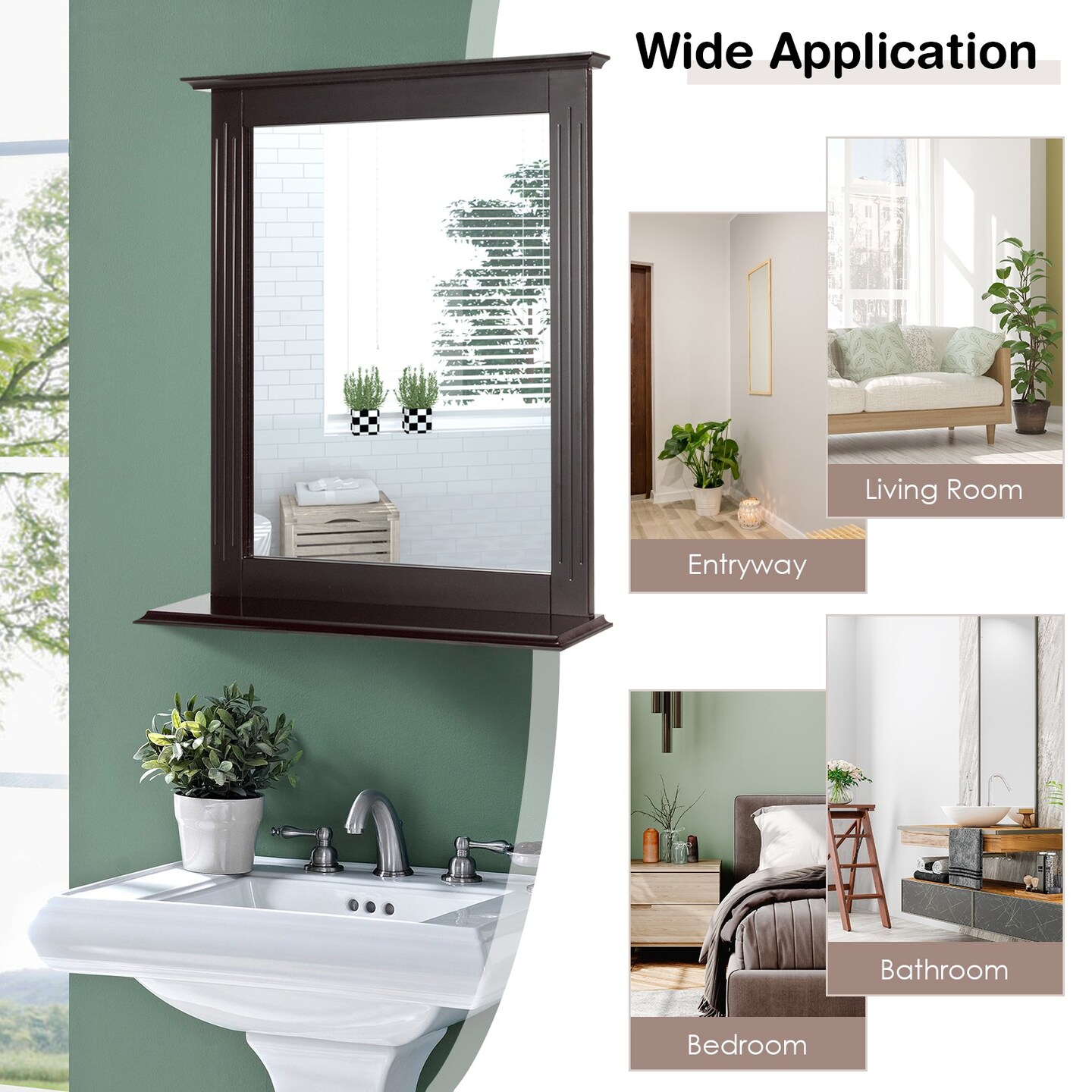 Bathroom Multipurpose Wall-Mounted Mirror W/Shelf Vanity Makeup Mirror Brown