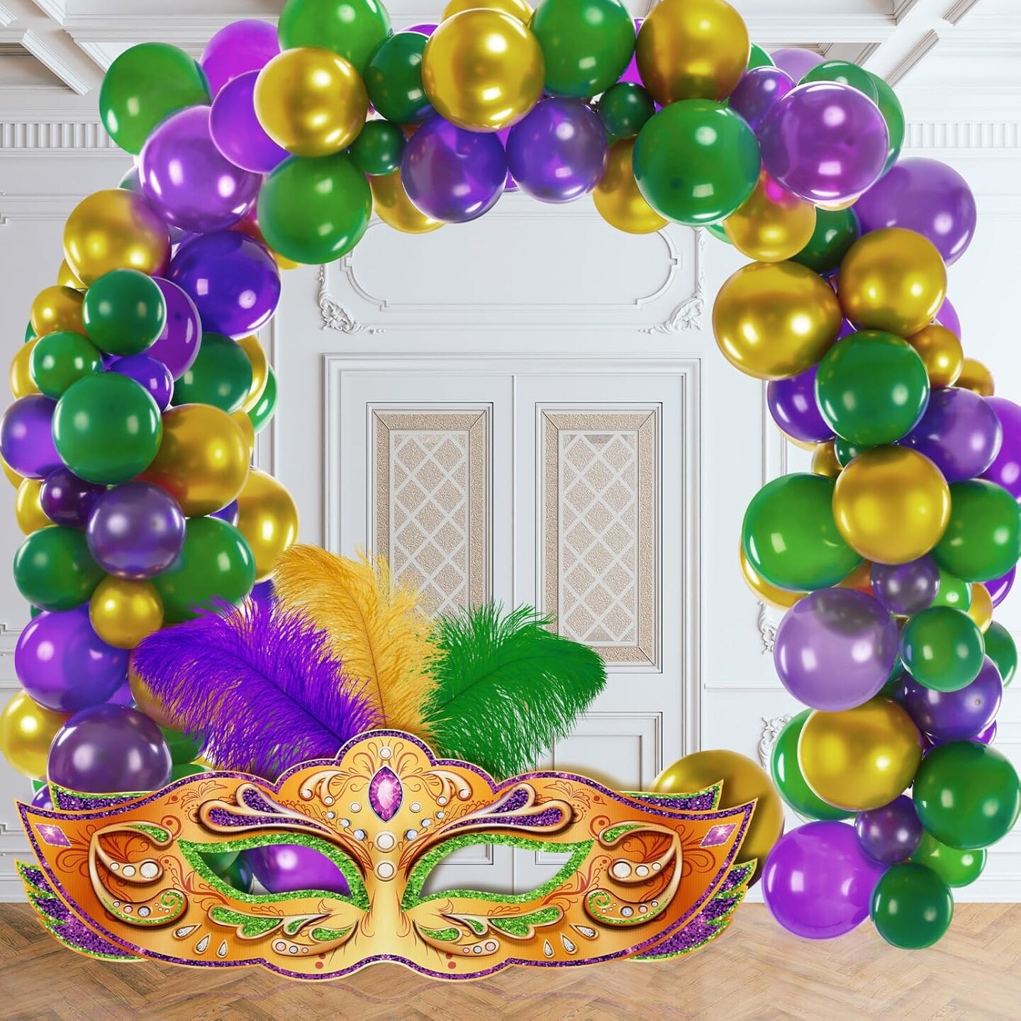 108 Pcs Mardi Gras Balloon Garland Kit 39" Large Mardi Gras Mask and Mardi Gras Balloons Masquerade Mask Stand up Cardboard Kit for Mardi Gras Party Decorations New Orleans Party