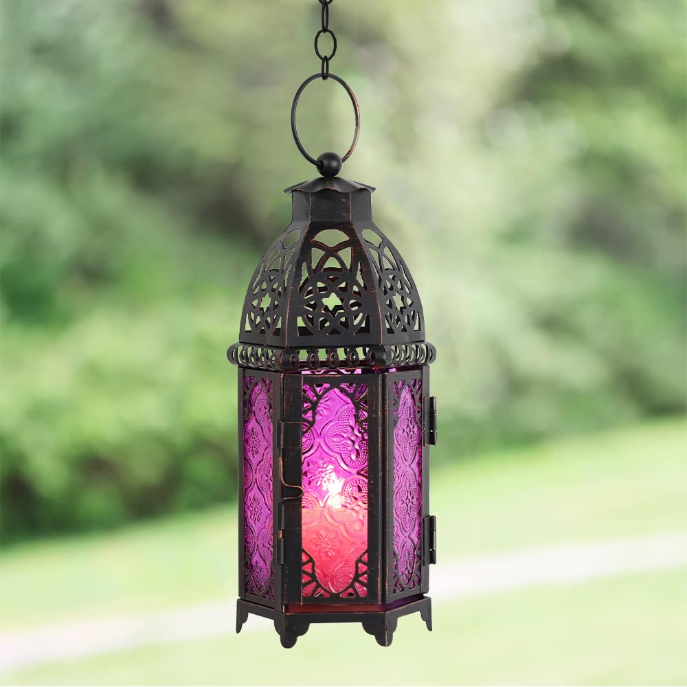 NEEDOMO Ramadan Decorations, Hanging Moroccan Lantern, 11&#x27;&#x27; Vintage Candle Holder, Metal Lanterns Decorative Indoor Outdoor, Table, Patio, Porch, Shelf, Gothic Home Decor (Purple)