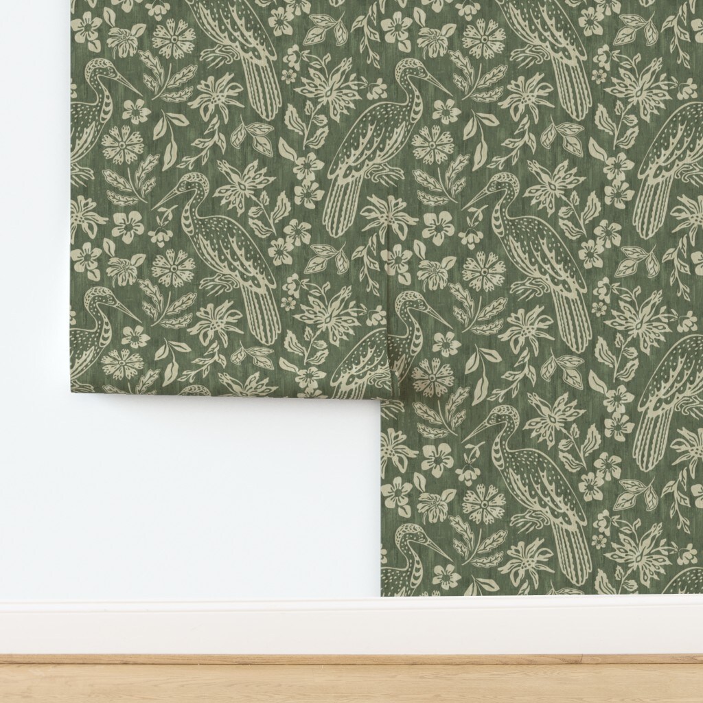 Boho Botanical Dark Sage Green Hand Drawn Traditional Earthy Bohemian Farmhouse Distressed Transitional Custom Pre-pasted Wallpaper by Spoonflower Pre-Pasted Wallpaper 2FT Wide