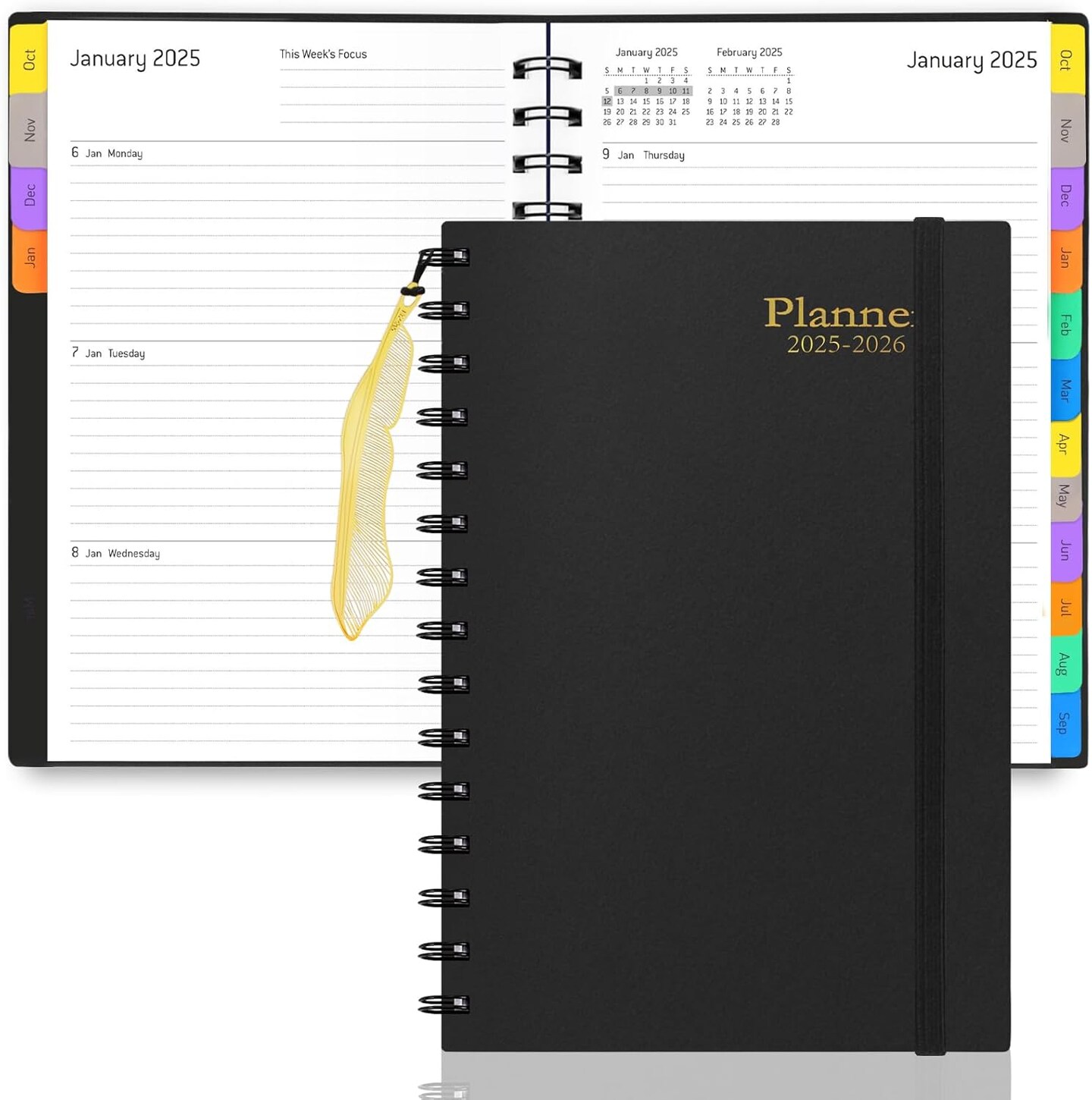 Daily Planner 2025-2026, 15 Month Planner with Tabs, Yearly Monthly Weekly Daily Time Management Planner, January 2025-March 2026, Office Home School Supplies for Women &#x26; Men-A5(5.7&#x22; x 8.3&#x22;), Black, 100GSM Thick Paper, Spiral Bound
