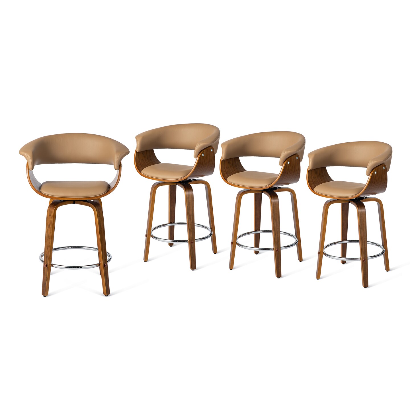 Set of 2/4 Mid-century Modern Leatherette Swivel Bar Stools/Counter Stools with Walnut Bentwood Frame