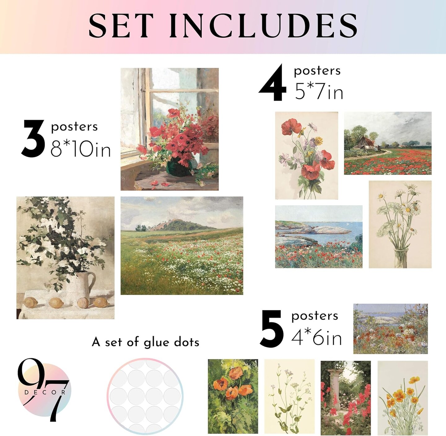 Floral Wall Art - Vintage Floral Prints for Wall Decor, Flower Poster for Room Aesthetic Vintage Prints, French Garden Painting Spring Landscape Botanical Art Wildflower Decor (8x10 Unframed)