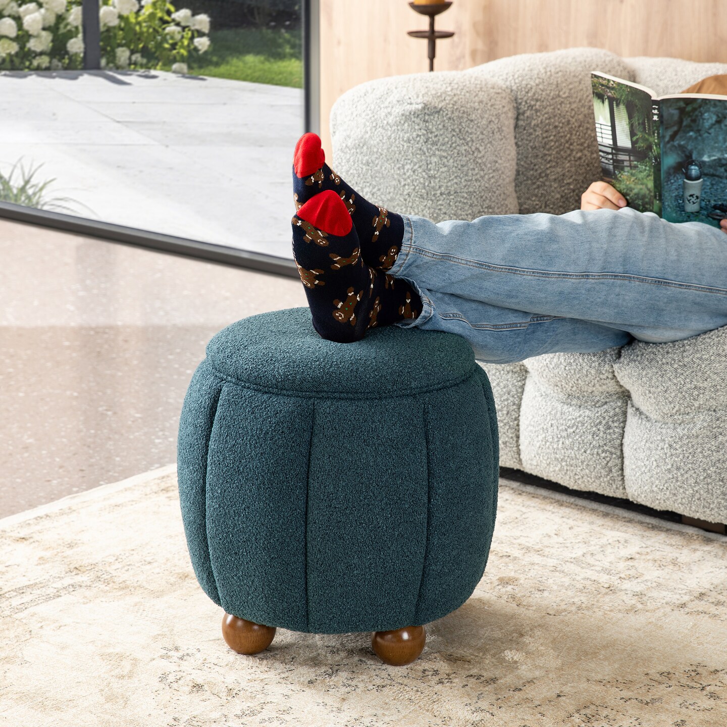 19"H Boucle Upholstered Storage Ottoman Stool with Rubberwood Feet