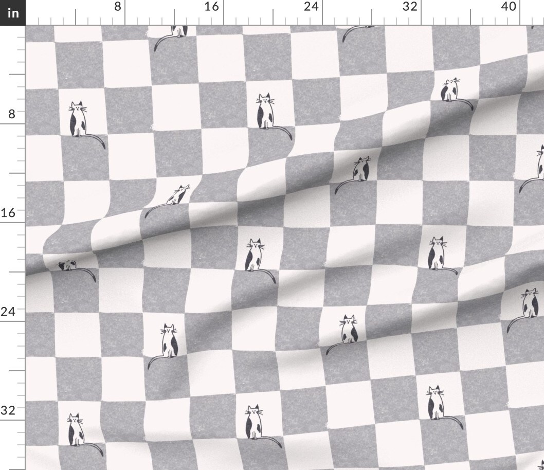 Checkered Cat Whimsical Kitty Weathered Gray Eggshell Fun Cute Happy Cheerful Modern Neutral Custom Printed Fabric by Spoonflower Various Fabrics by the Yard or Fat Quarter 17645640