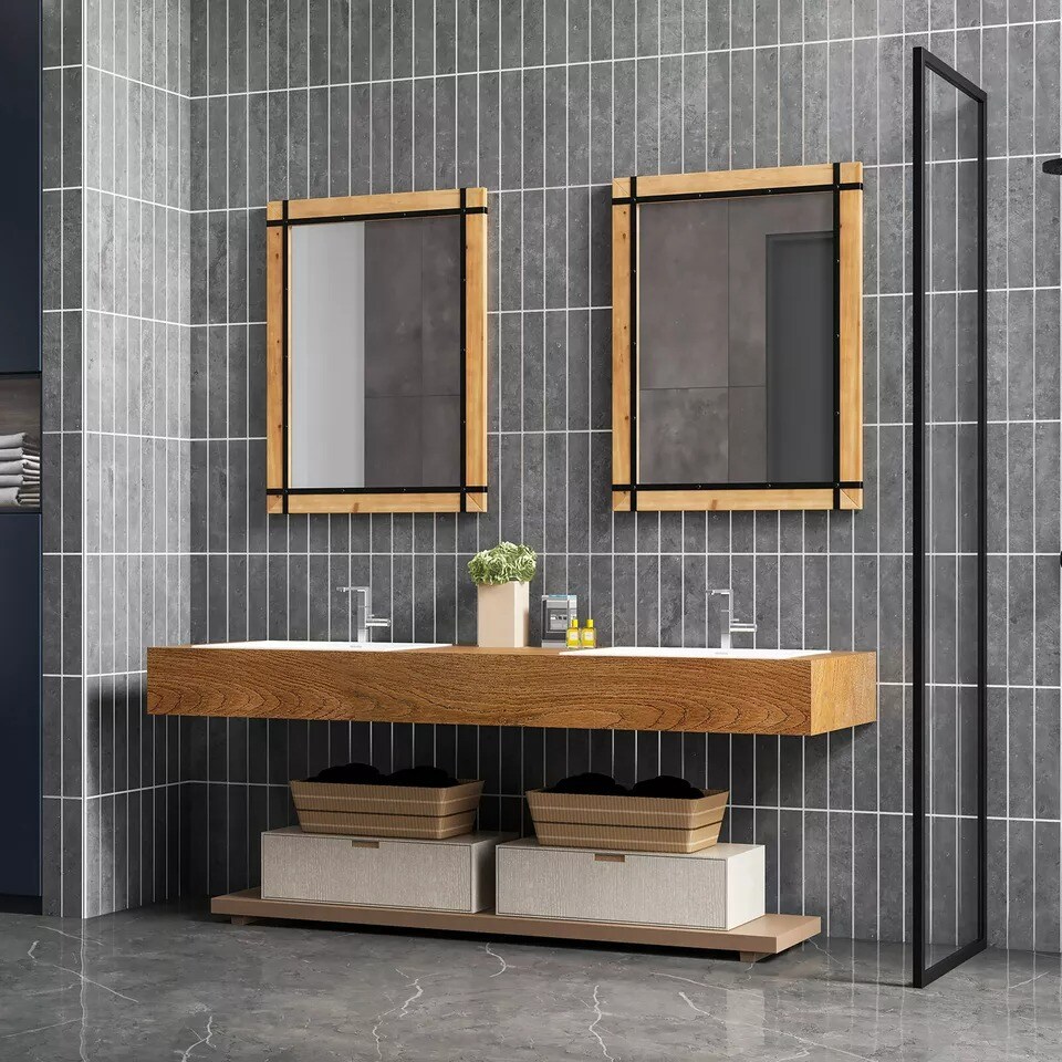 30" x 40" Wall Mounted Rectangular Mirror Wood Frame Farmhouse Decor for Bedroom