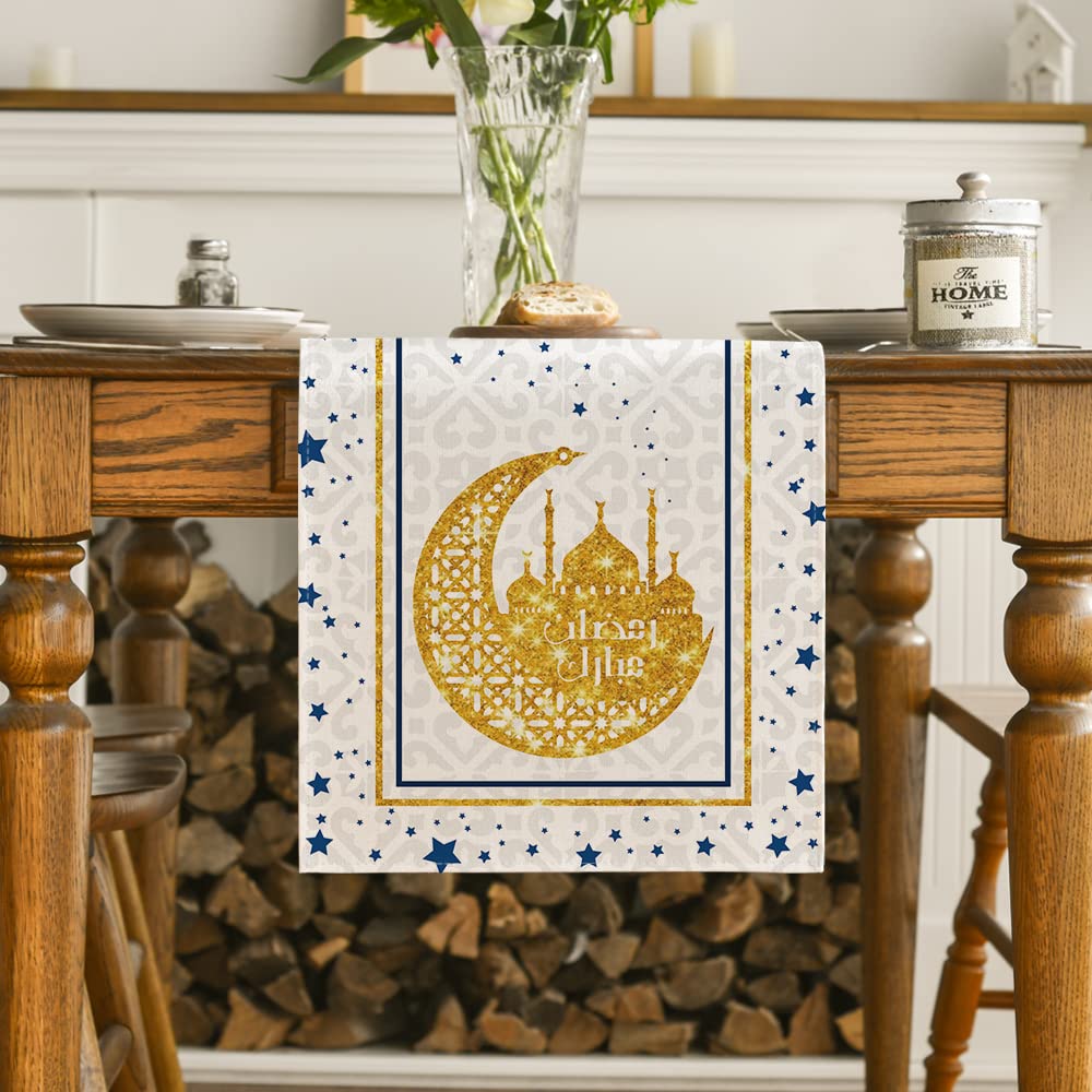 White Moon Star Gloden Ramadan Table Runner, Seasonal Summer Holiday Kitchen Dining Table Decoration for Home Party Decor 13 x 72 Inch