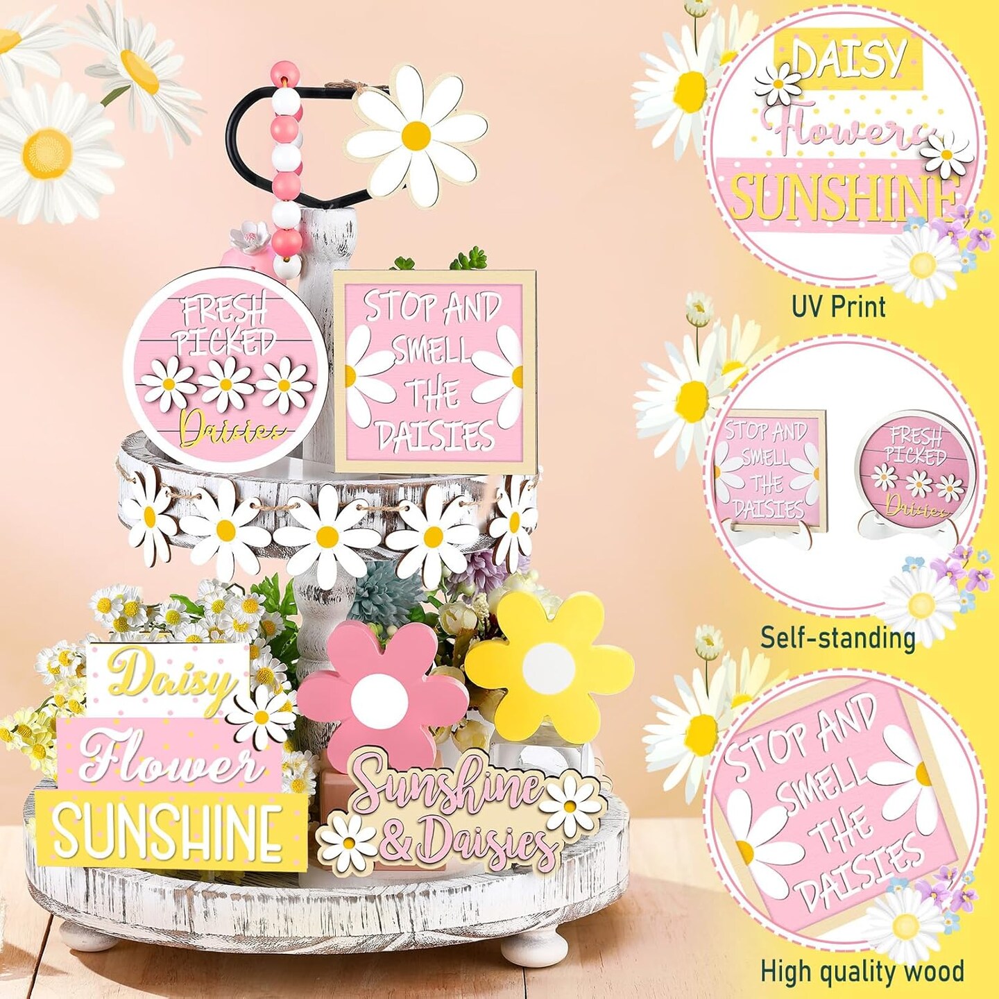12-Piece Spring Daisy Tiered Tray Decor – Rustic Farmhouse Wooden Signs for Home & Party