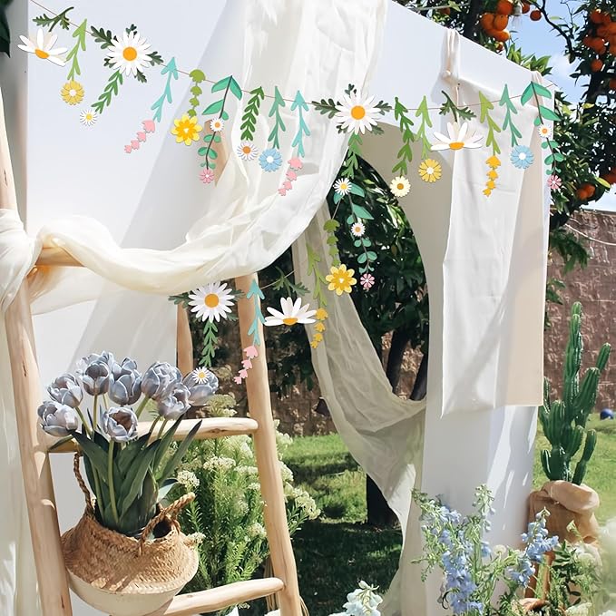 Flower Leaves Banner Paper Flower Garland Paper Wildflower Party Decorations Floral Daisy Banner for Wall Decoration Spring Garden Backdrop Wedding Decor