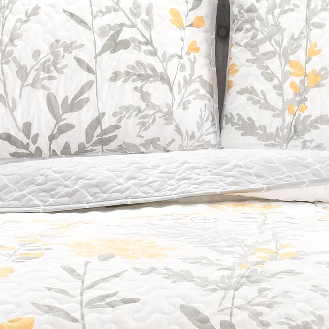 Aprile Soft Reversible Floral Quilt Set, 3 Piece Set, King, Yellow &#x26; Gray - Beautiful Floral Bedding Set - King Quilt - Spring Decor - Cottage &#x26; Farmhouse Bedroom Decor
