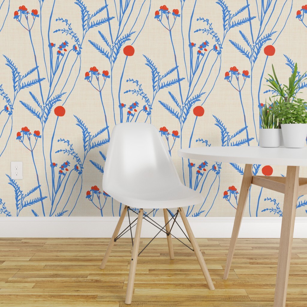Non-Pasted Wallpaper 2FT Wide Elegant Boho Floral Americana Bohemian Xl Scale Red Cream Blue Refined Traditional Wallpaper by Spoonflower