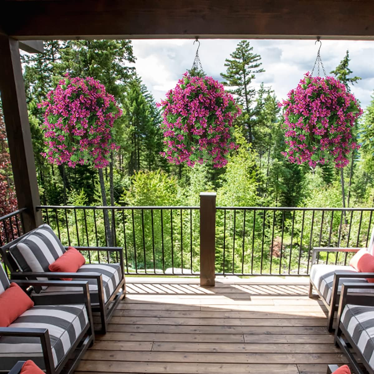 Artificial Hanging Flowers in Basket for Summer Outdoor Porch Decoration,UV Resistant Fake Silk Violet in Planter Realistic for Outside Home Patio Balcony Garden Yard Decor