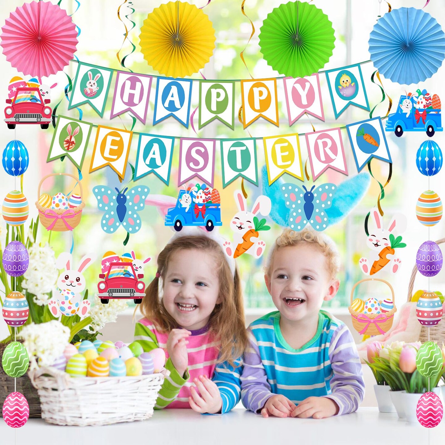 Easter Decorations Easter Decor Happy Easter Banner Egg Bunny Garland Hanging Swirl for Home Office School Classroom Themed Party Decorations