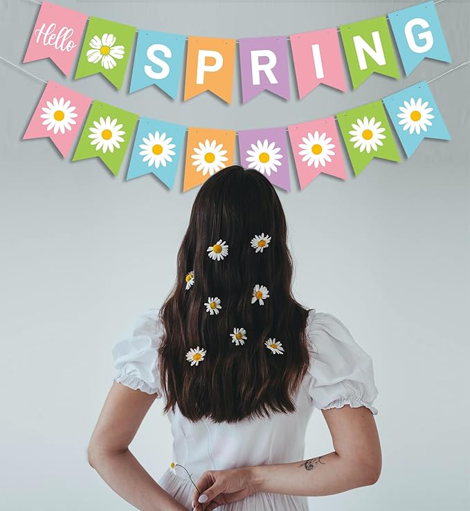 Hello Spring Banner Colorful Spring Bunting Banner Flower Pattern Hanging Banner Garland Spring Easter Party Decorations for Indoor Outdoor Wall Mantle Fireplace Spring Break Celebration