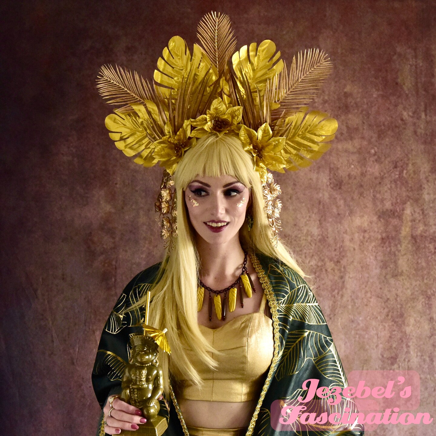 golden tiki dress code Jungle Headdress, Glam Tropical Flower Palm Frond Leaves Oasis, Headpiece, Cruise Hukilau Dapper Day Hawaiian Luau Polynesian Tiki bar