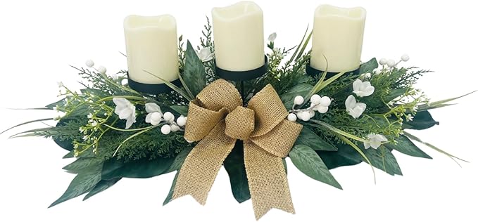 Candle Holders Centerpiece for Table,3 Wick Candle Holder with Gypsophila Artificial Flower,Artificial Magnolia,Freesia and Holly Berries for Table Centerpiece Decor,Dining Room Decor,Desktop Decor