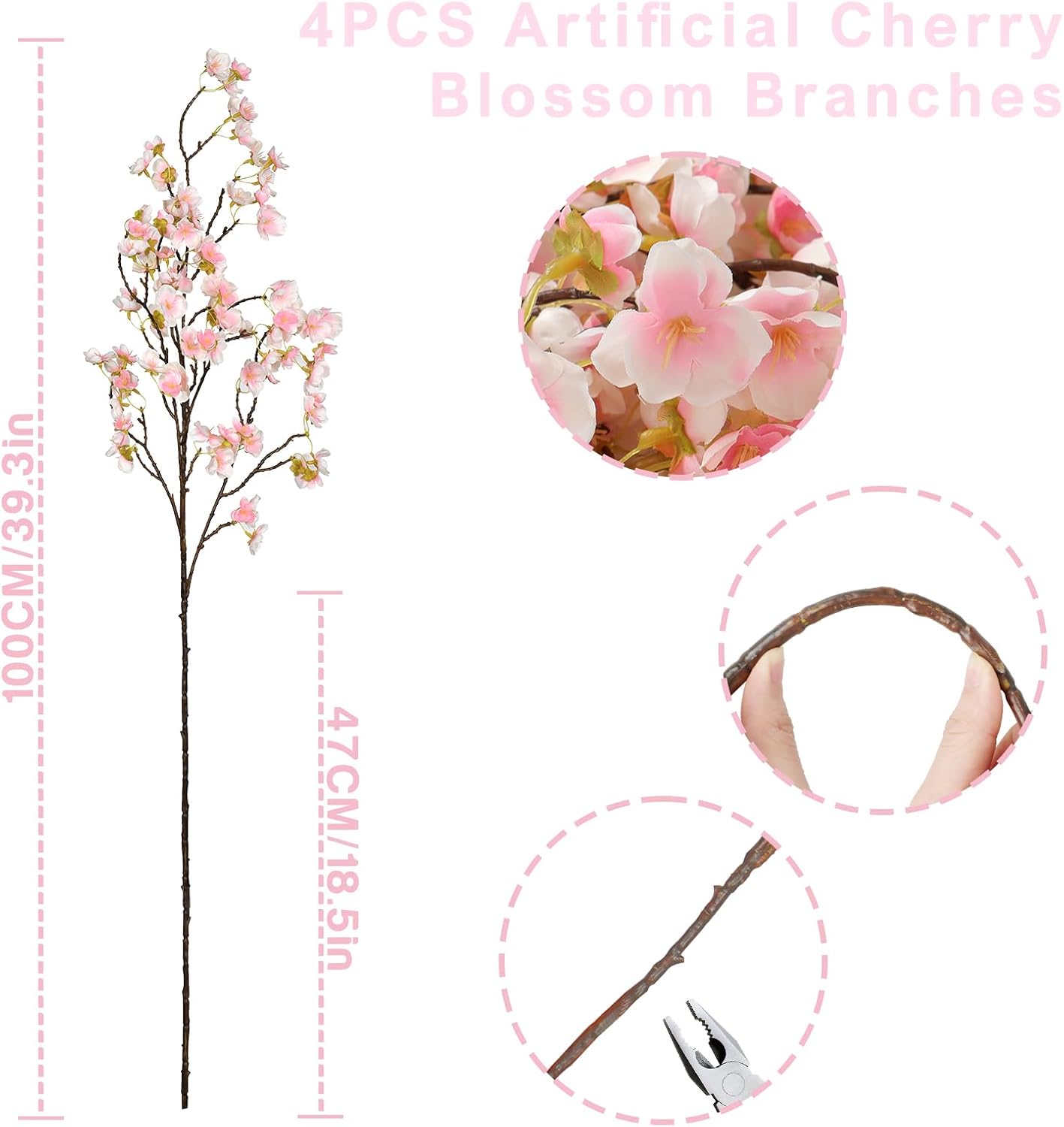 4-Pack 39.3" Artificial Cherry Blossom Branches – Faux Silk Flowers for Spring, Wedding & Home Table Vase Decor (Pink/Peach)