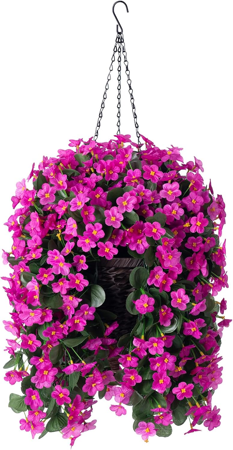 Artificial Fake Hanging Flowers Plants Baskets for Outdoor Spring Decoration, Faux Silk Fuchsia Trailing Orchid UV Resistant for Home Outside Porch Garden Yard Patio Decor