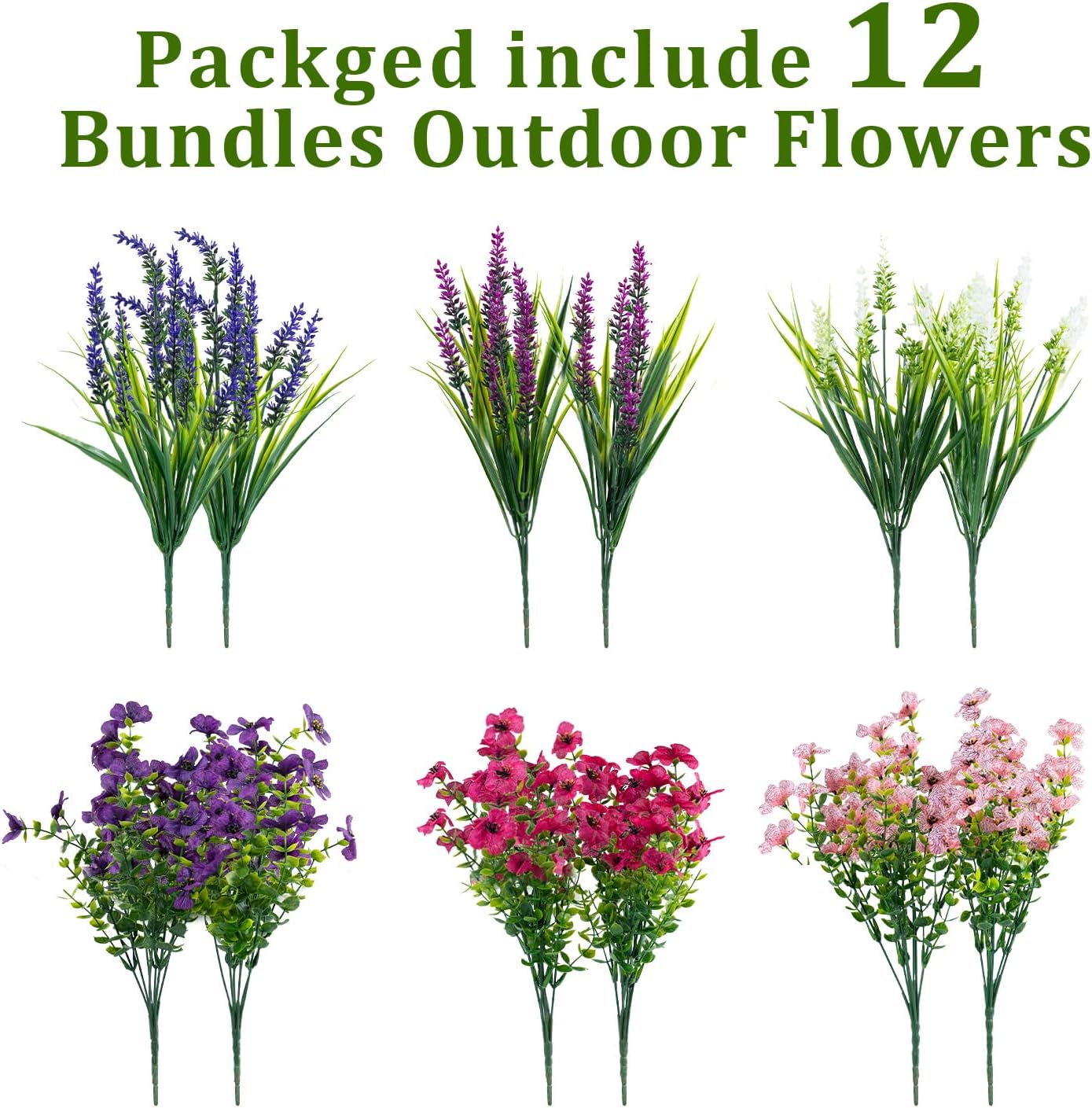 12 Bundles Artificial Flowers for Outdoors – UV-Resistant Silk & Faux Plastic Greenery Shrubs, Mixed Colors for Garden, Porch, Window Boxes, and Planters
