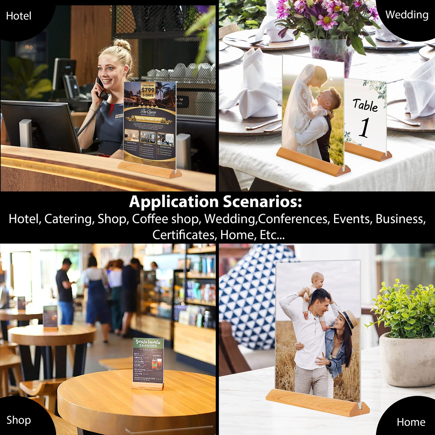 3 Pack 5x7 Acrylic Sign Holder T Shape Clear Acrylic Double Sided Frames with Wood Base Table Menu Display Stand Flyer Display (Optional 8.5x11/5x7 Inch L/T Shape)