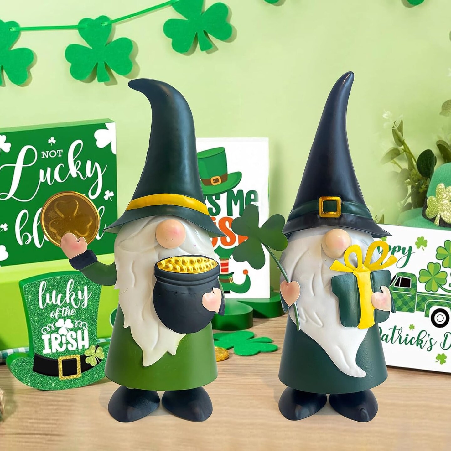 St. Patricks Day Decorations Outdoor Green Gnomes, Metal Gnomes Figurine Irish Leprechaun St Patricks Day Decor, Luck Shamrock Gnome for Home Outside Garden Lawn Party Yard Patio (14 INCH)