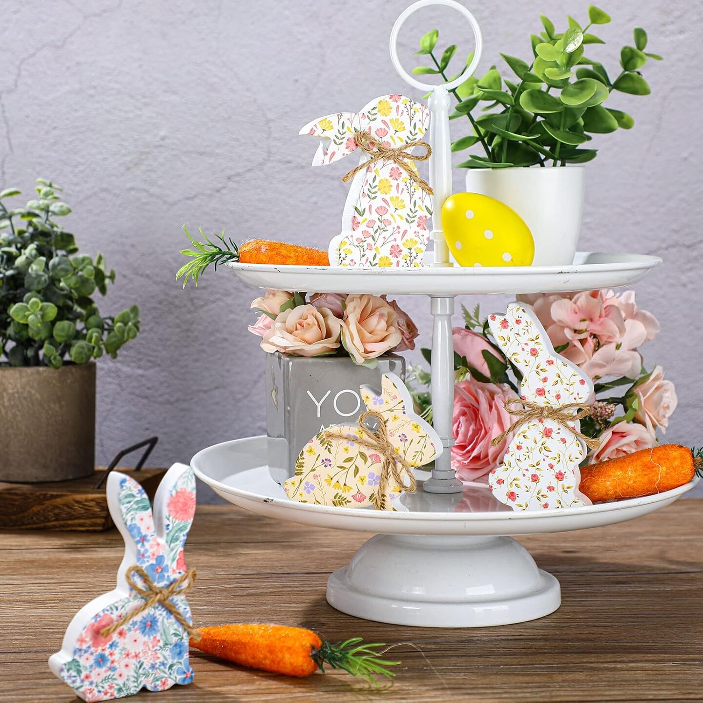 4 Pieces Easter Bunny Wood Decor Easter Natural Wood Signs Bunnies Shape Signs Rabbit Tabletop Decor Spring Flower Rustic Centerpieces for Farmhouse Kitchen Dining Room