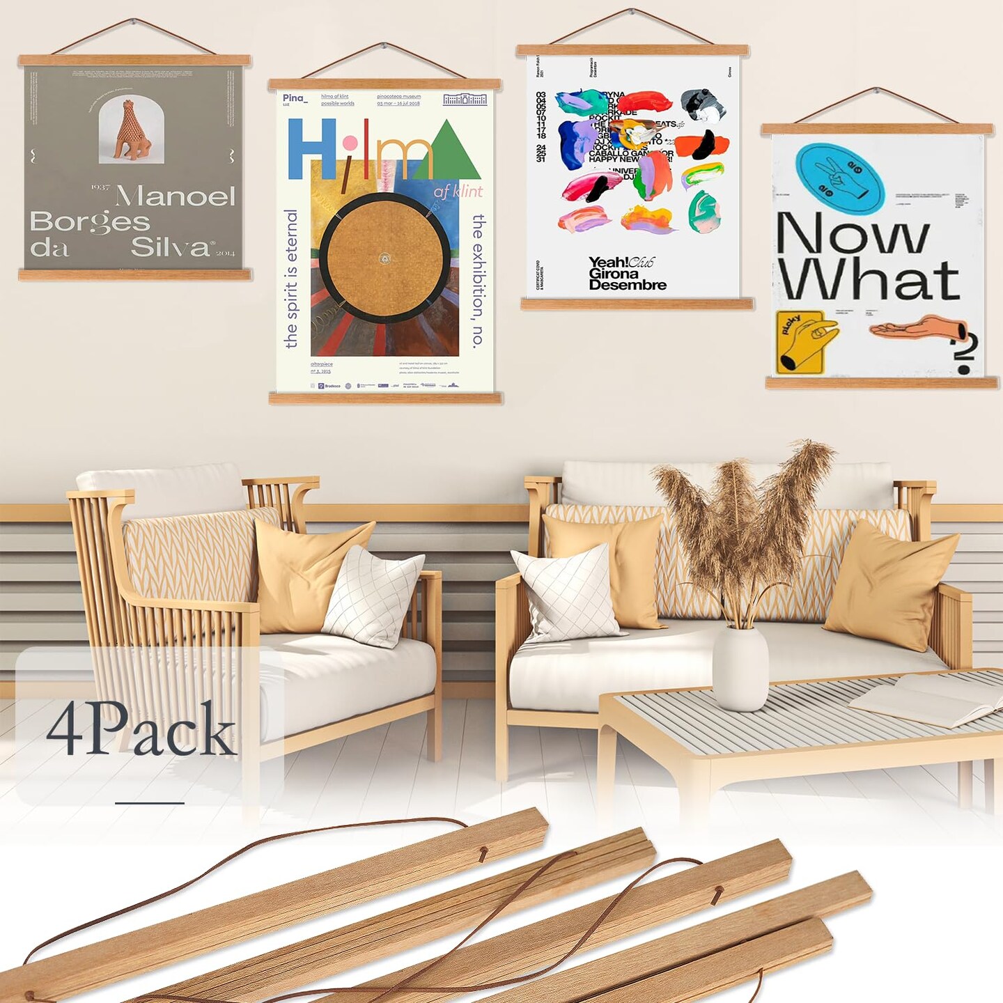 4 Pack Magnetic Poster Hanger Frame, 8x10 8x12 8x24 Light Wood Wooden Magnet Poster Frame for Maps Canvas Artwork Pictures Poster Hangers Frames (Teak,8&#x22;)