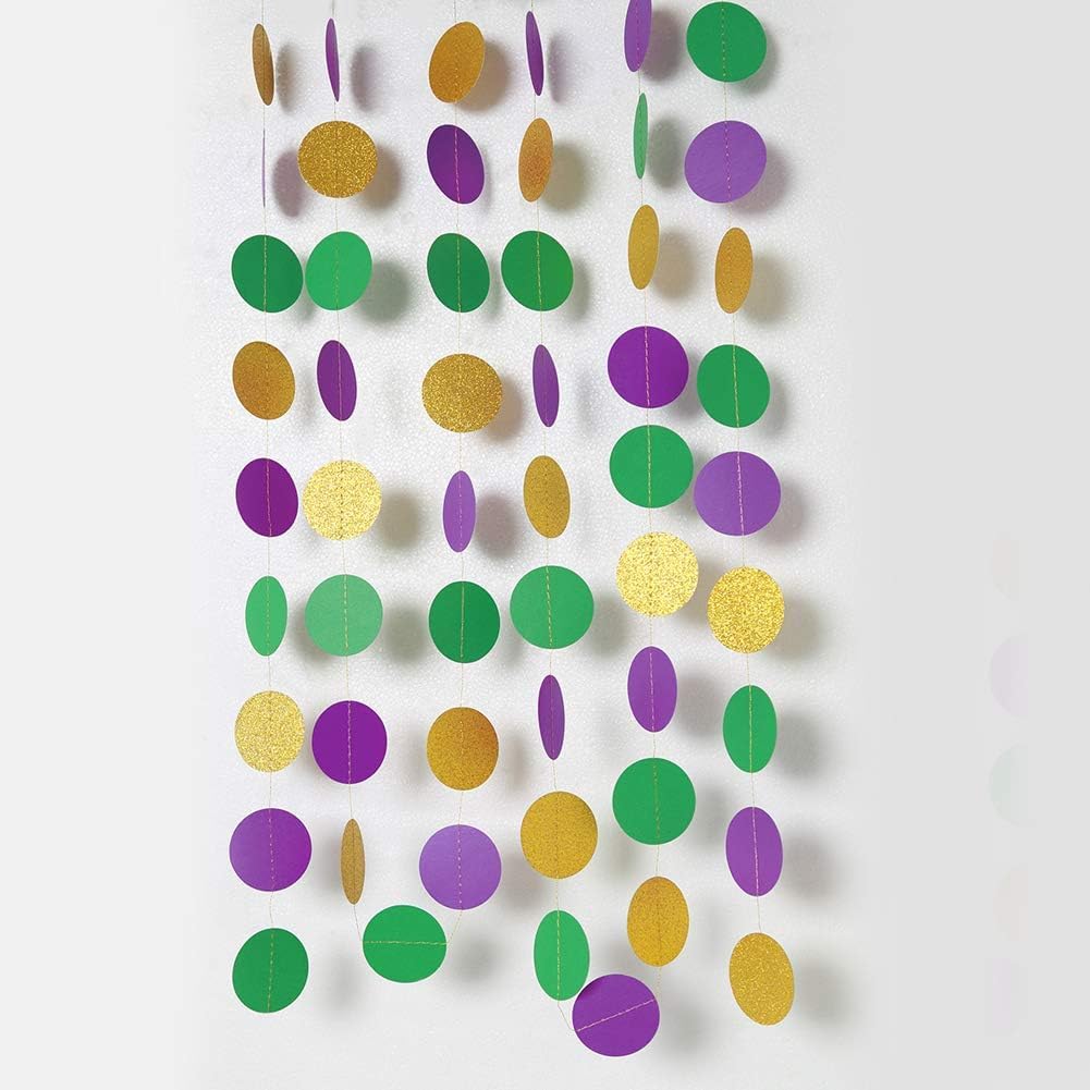Gold Purple Green Mardi Gras Party Decorations Glitter Dot Garland Circle Streamers Banner Backdrop for Fat Tuesday Carnival Themed Parties Wedding Baby Shower Birthday Decor