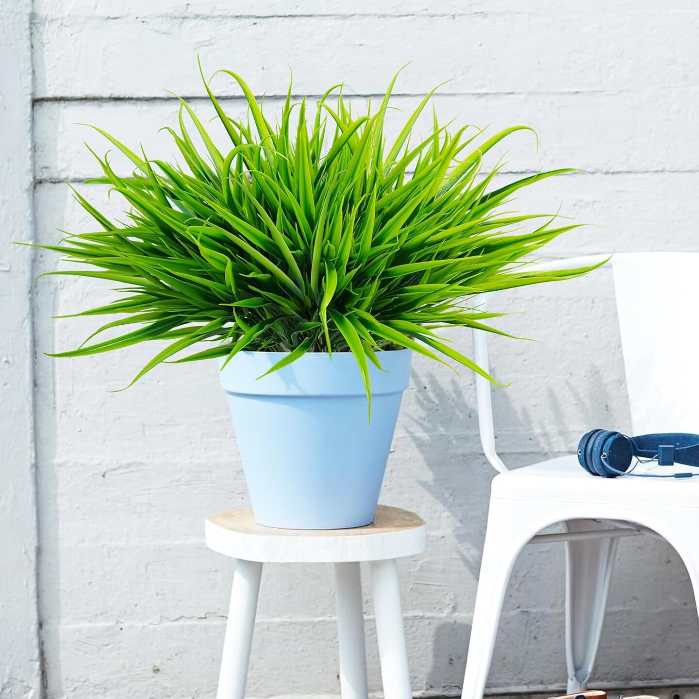 6 Bundles Artificial Outdoor Plants UV Resistant Fake Grass Plants Faux Plastic Plants Greenery Shrubs for Home Garden Pathway Window Box Front Porch Cemetery Spring Summer Decor, Green 3"D x 3"W x 14"H